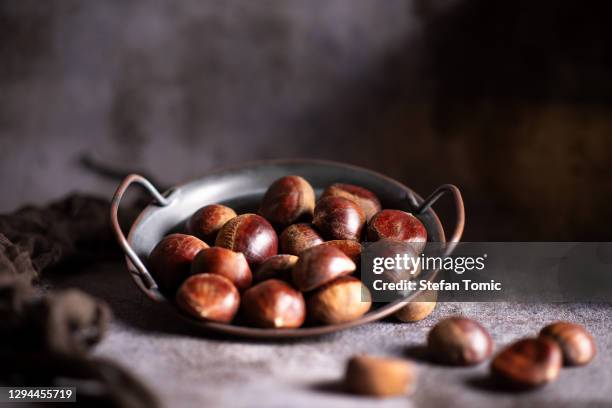 chestnuts on a artistic metal plate in a rustic dark setup - castanho imagens e fotografias de stock