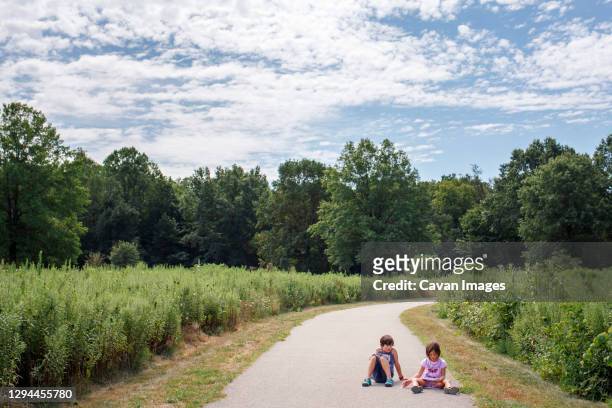 two small children sit together on pathway through a meadow in a park - oh brother stock pictures, royalty-free photos & images