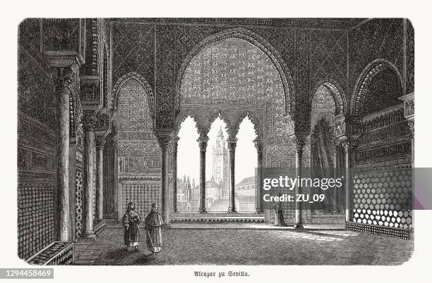 illustrations, cliparts, dessins animés et icônes de alcázar de séville, andalousie, espagne, gravure sur bois, publié en 1893 - seville