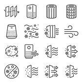 Air purifier icon illustration vector set. Contains such icons as Dust, Oxygen, Anti-bacteria, Air pollution, pm 2.5, Air filter, and more. Expanded Stroke