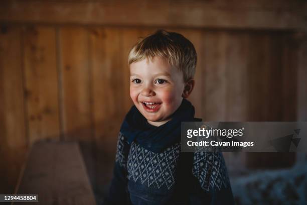 adorable young boy smiling in a wooden cabin in winter - baby winter farm son stock pictures, royalty-free photos & images