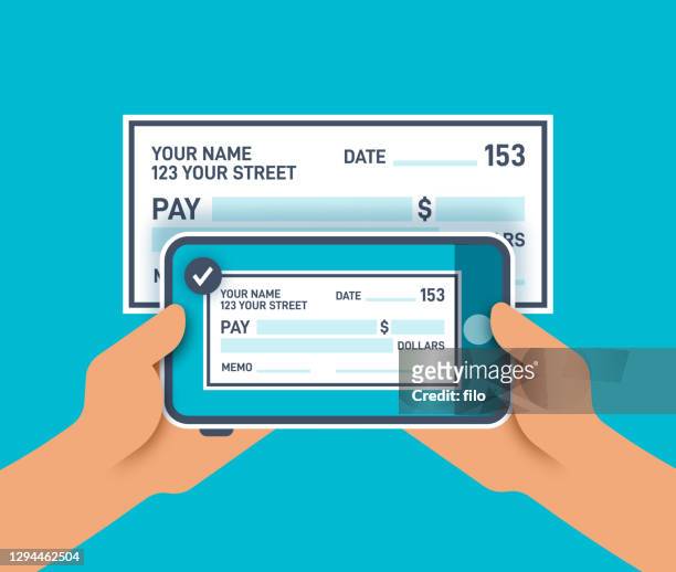 cell phone taking a photo of a check for mobile deposit - portable information device stock illustrations