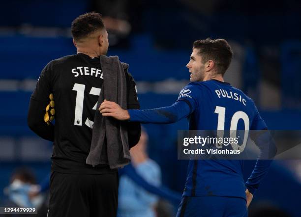 Team-mates Christian Pulisic of Chelsea and Zack Steffen of Manchester City walk from the pitch atter the Premier League match between Chelsea and...