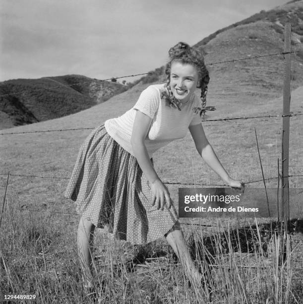 Portrait of American actress and model Marilyn Monroe with pigtails as dressed in a short-sleeve top and a skirt, as she poses in a field, Northern...
