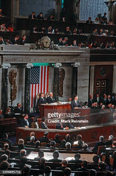 President George H.W. Bush delivers his Address Before a Joint Session of the Congress on the Cessation of the Persian Gulf Conflict, to a standing...