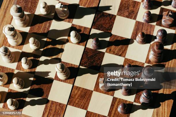 chess pieces casting shadows on a chessboard - chess board without photos et images de collection