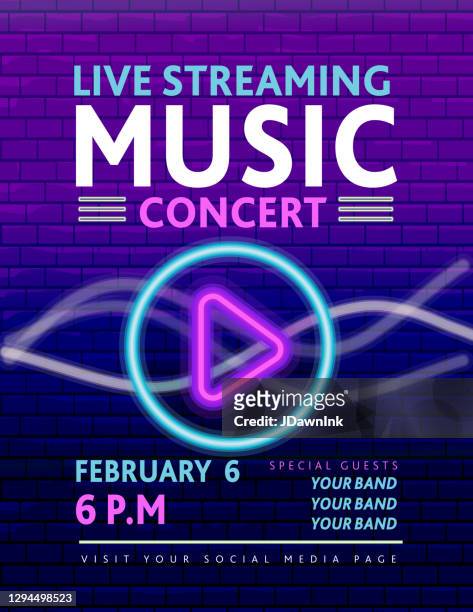 live streaming music neon sign concert poster banner design with play button concept on purple brick wall - concert poster stock illustrations