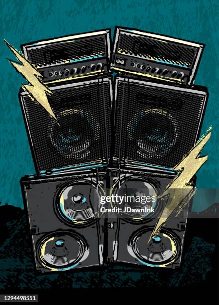 rock concert design with stack amplifiers and lightning bolts - amp stock illustrations