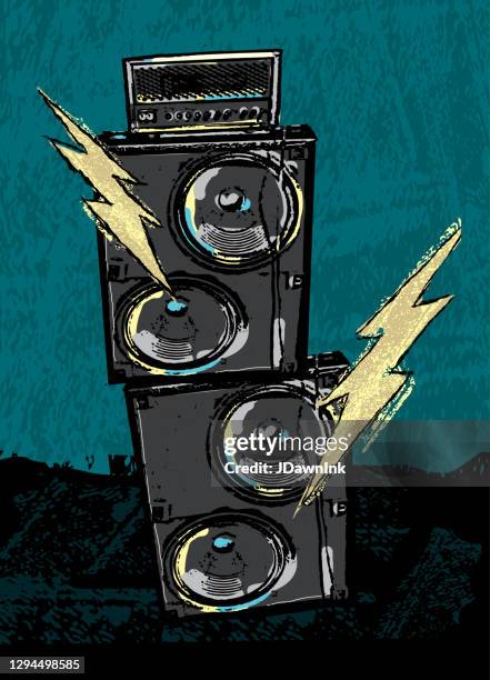 rock concert design with stack amplifiers and lightning bolts - concert speakers stock illustrations