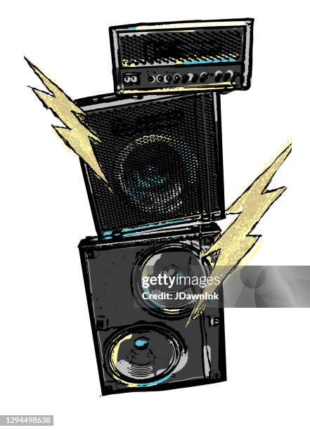 rock concert design with stack amplifiers and lightning bolts - concert speakers stock illustrations