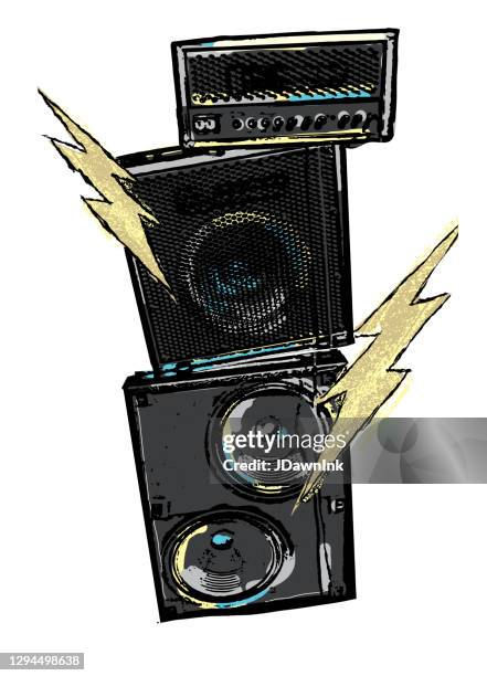 rock concert design with stack amplifiers and lightning bolts - amp stock illustrations