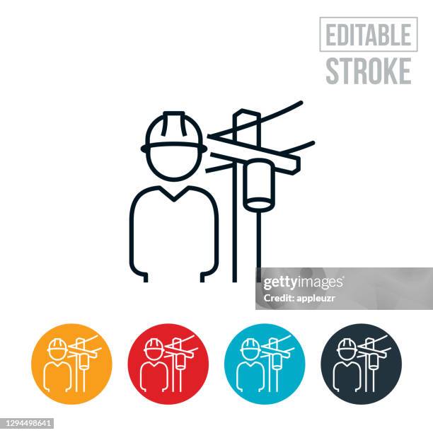 ilustrações de stock, clip art, desenhos animados e ícones de utility worker and powerline thin line icon - editable stroke - engenheiro de manutenção