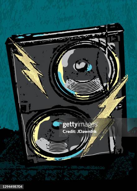 rock concert design with stack amplifiers and lightning bolts - concert speakers stock illustrations