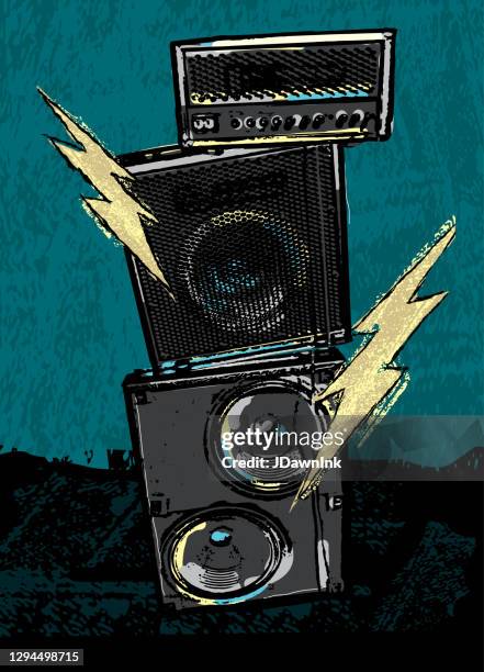 rock concert design with stack amplifiers and lightning bolts - concert speakers stock illustrations