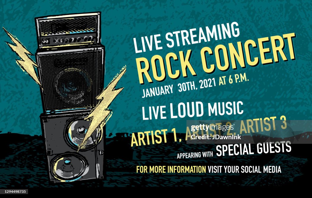 Live Streaming Rock concert design de banner de mídia social com amplificador de pilha e relâmpagos
