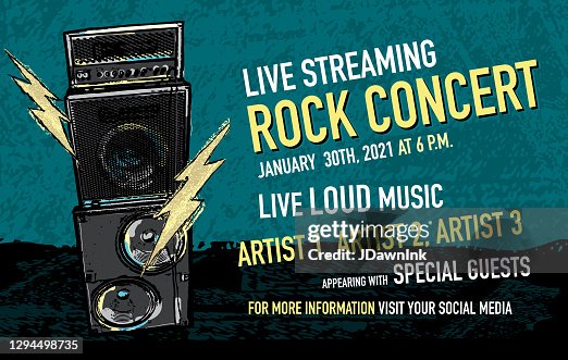 Live Streaming Rock concert social media banner design with stack amplifier and lightning bolts Live Streaming Rock concert social media banner design with stack amplifier and lightning bolts