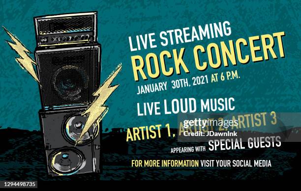 live streaming rock concert social media banner design with stack amplifier and lightning bolts - virtual concert stock illustrations