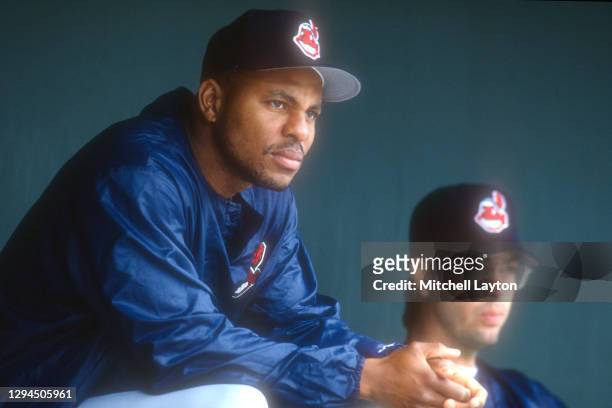 Albert Belle of the Cleveland Indians looks on before a baseball game against the Baltimore Orioles on May 5, 1994 at Camden Yards in Baltimore,...