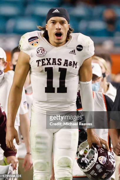 Kellen Mond of the Texas A&M Aggies celebrates against the North Carolina Tar Heels during the fourth quarter of the Capital One Orange Bowl at Hard...