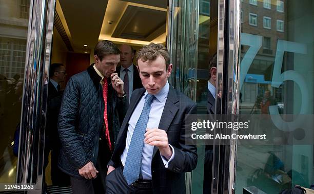 Jockeys Ryan Moore and Richard Hughes leave the British Horseracing Authority offices on October 17, 2011 in London, England