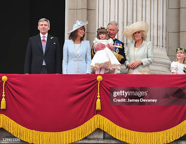 Michael Middleton, Carole Middleton, Eliza Lopes, Prince Charles, Prince of Wales, Camilla, Duchess of Cornwall and Lady Louise Windsor greet crowd...