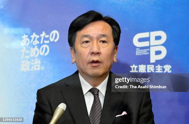 Opposition Constitutional Democratic Party of Japan leader Yukio Edano speaks during a New Year press conference on January 4, 2021 in Tokyo, Japan.