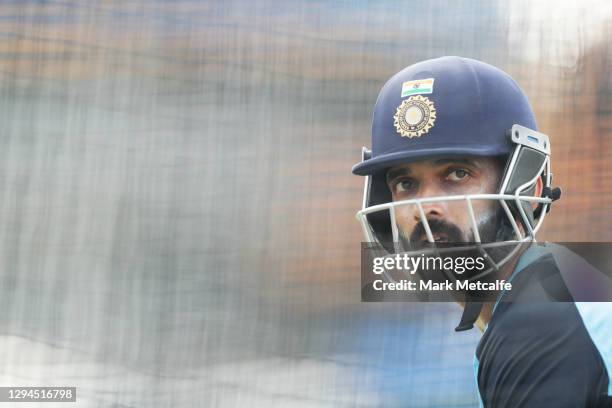 Ajinkya Rahane of India looks on as he bats during the India nets session at the Sydney Cricket Ground on January 05, 2021 in Sydney, Australia.