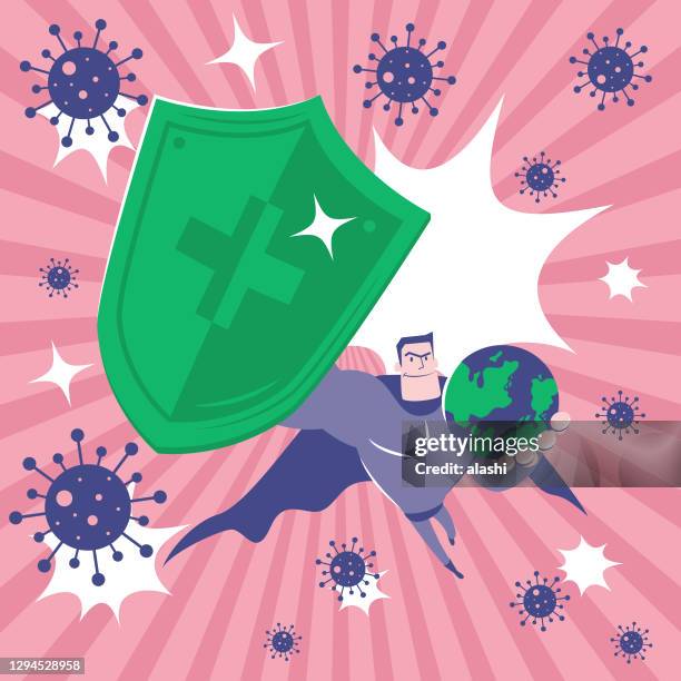 superhero (superman) holding the shield with cross shape sign to help protect people on planet earth fighting against coronavirus disease (covid-19), creating 100 percent antibody on coronavirus - boost your immune system stock illustrations