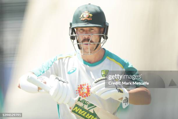 David Warner of Australia looks on as he bats during an Australian nets session at the Sydney Cricket Ground on January 05, 2021 in Sydney, Australia.