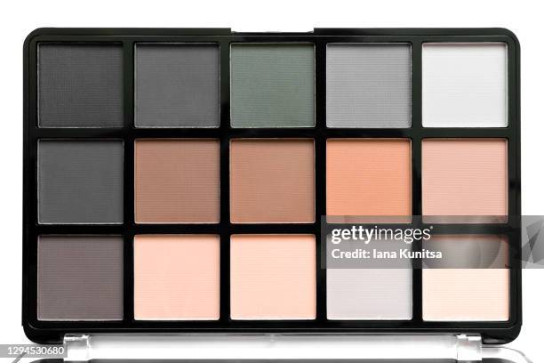beautiful palette of multi-colored beige and gray eyeshadows on white background. isolated. decorative cosmetics. beauty products. tool for makeup artist. pastel trendy colors. brown eye shadow. - paleta de maquillaje fotografías e imágenes de stock