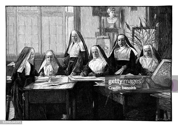 nuns learning to make lace patterns - nun stock illustrations