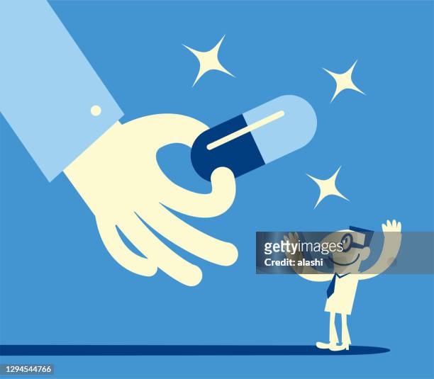 big hand (doctor, pharmacist) giving people capsule medicine - holding tablet stock illustrations