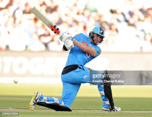 Matthew Renshaw of the Adelaide Strikers bats during the Big Bash League match between the Melbourne Renegades and the Adelaide Strikers at Adelaide...