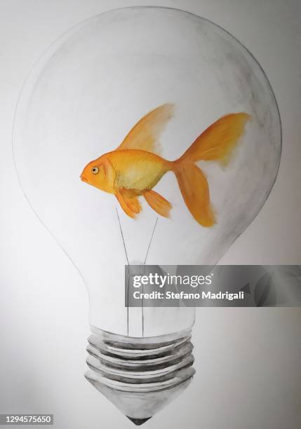 goldfish in a light bulb, painted concept of no way out - fish in bulb stock-fotos und bilder