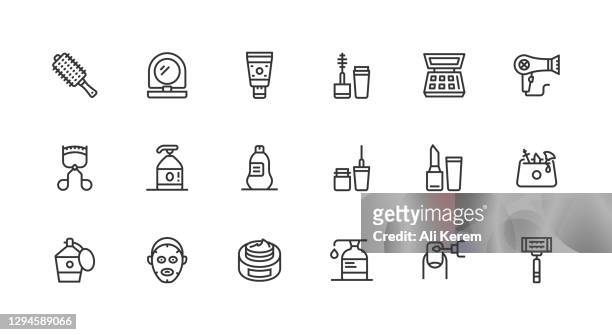 hair dryer, cream, moisturizer, beauty, shower gel icons - back brush stock illustrations