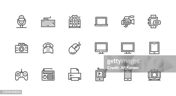 technology, devices, phone, computer, smart devices icons. - laptop close up stock illustrations