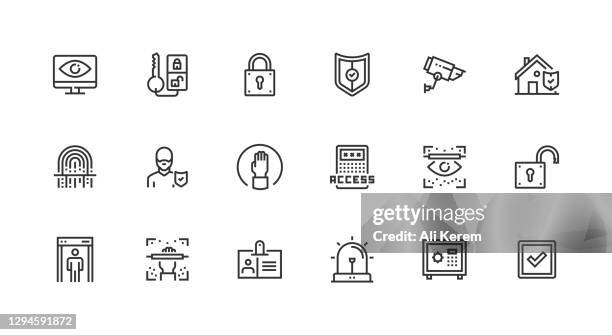 security, personal id, surveillance, alarm, safebox icons - vaulted door stock illustrations