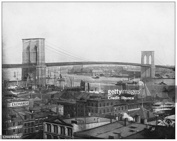 antique photograph: brooklyn bridge, new york - archival nyc stock illustrations