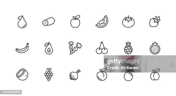orange, pineapple, peach, grape, coconut icons - banana tree stock illustrations