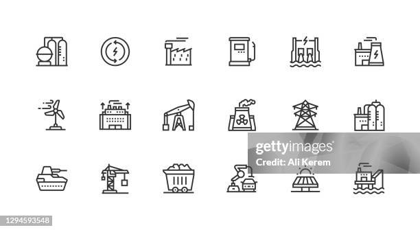 nuclear plant, transmission tower, power plant, factory production, construction industry icons - chemical plant stock illustrations