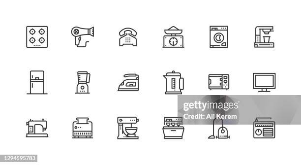 stockillustraties, clipart, cartoons en iconen met huishoudelijke apparaten, waterkoker, oven, vaatwasser, strijkijzer, naaimachine iconen - elektrische kachel