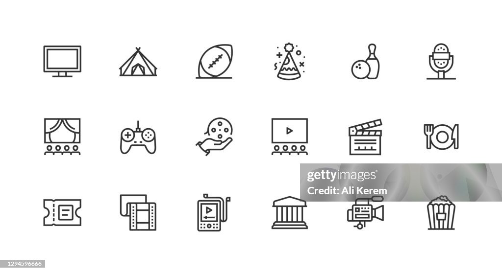 Entertainment, Clapperboard, FilmCamera, Film Strip, Popcorn, Ticket Icons