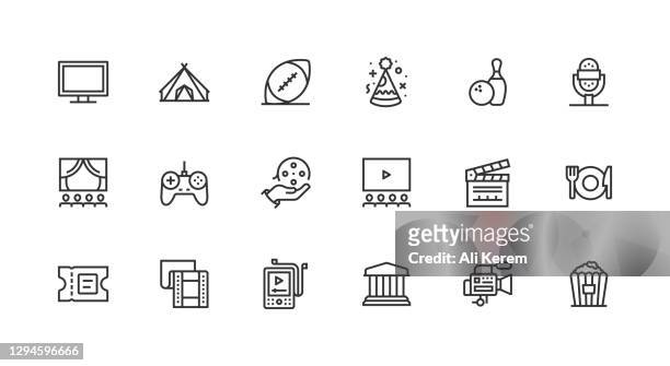 entertainment, clapperboard, movie camera, film strip, popcorn, ticket icons - film industry icon stock illustrations