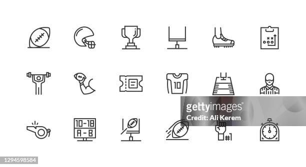 american football, ball, helmet, winner cup, goal, cleats icons - dressing room stock illustrations
