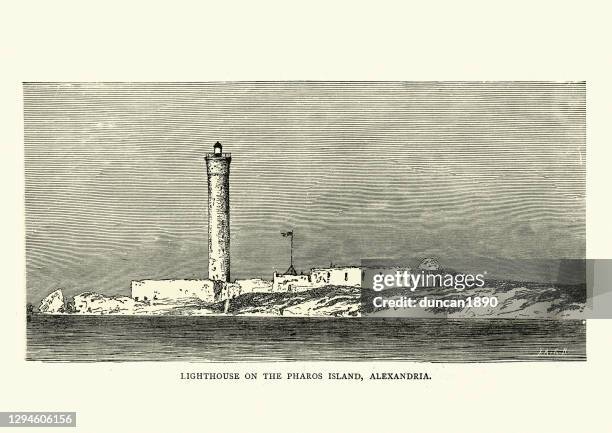 lighthouse on the pharos island, alexandria, eygpt, 19th century - lighthouse of alexandria stock illustrations