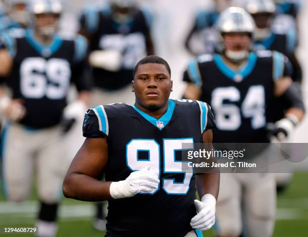 Defensive tackle Derrick Brown of the Carolina Panthers leads the team from the tunnel prior to their game against the New Orleans Saints at Bank of...