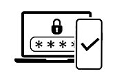 Two steps authentication icon. Verification or sms with push code message confirmation for account login. Multi-factor authentication design verification code message. Phone and laptop password secure
