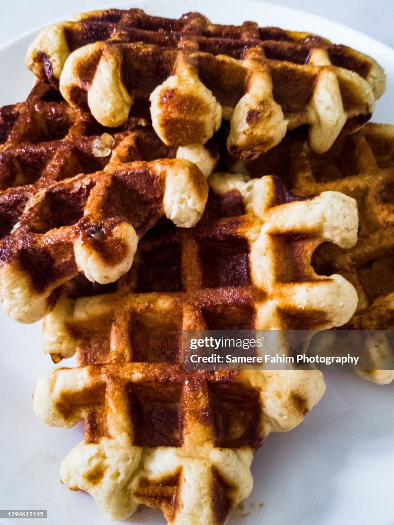 Liege waffles freshly baked on a plate