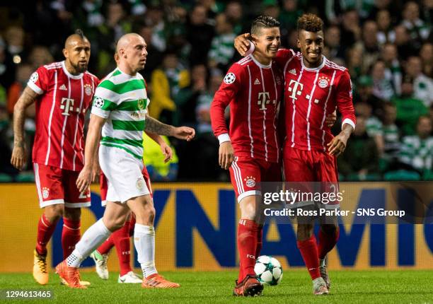 V BAYERN MUNICH .CELTIC PARK - GLASGOW.Bayern's Kingsley Coman celebrates his opener with James Rodriguez