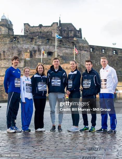 Garrett Heath, Fionnuala McCormack, Steph Twell, Jake Wightman, Mhairi Hendry, Jake Sweeney and Andy Vernon ahead of the Simplyhealth Great Edinburgh...